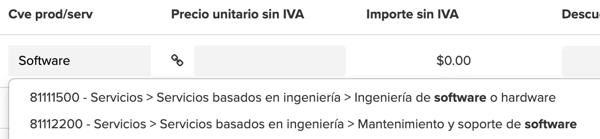 Búsqueda de clave producto/servicio